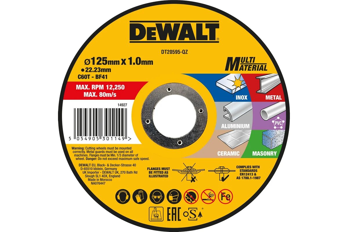 Отрезной диск Dewalt по мультиматериалу 125x1 мм, DT20595 DT20595-QZ