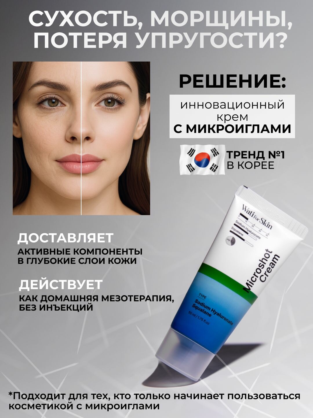 Крем с микроиглами для лица, Wati for Skin, со спикулами увлажняющий, антивозрастной, 50мл — фото 1