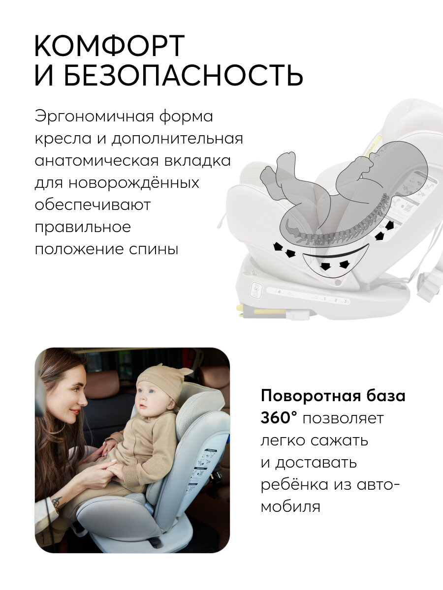 Автокресло детское от 0 до 12 лет Unix Happy Baby группа 0+/1/2/3 (до 36 кг), крепление isofix, поворотная база, бежевый — фото 1