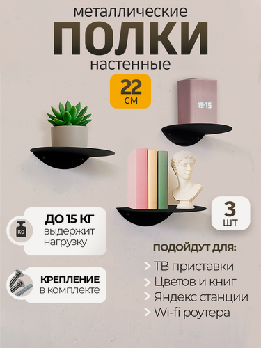 Изображение товара Полка настенная круглая для умной колонки, цветов, декора 22см черная 3 шт