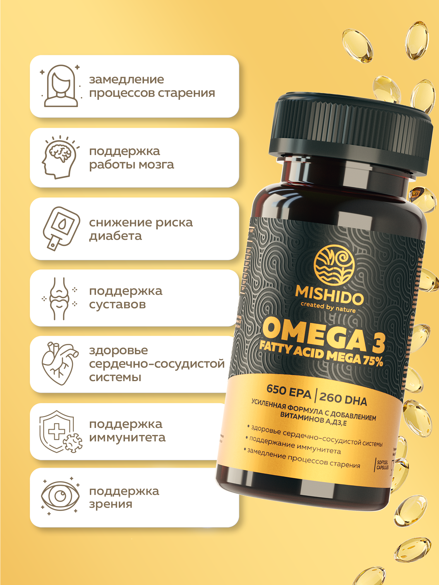 Омега 3 максимальной концентрации + Витамины A E Д3 MISHIDO OMEGA 3, 70 капсул рыбий жир для сердца мозга и иммунитета — фото 1