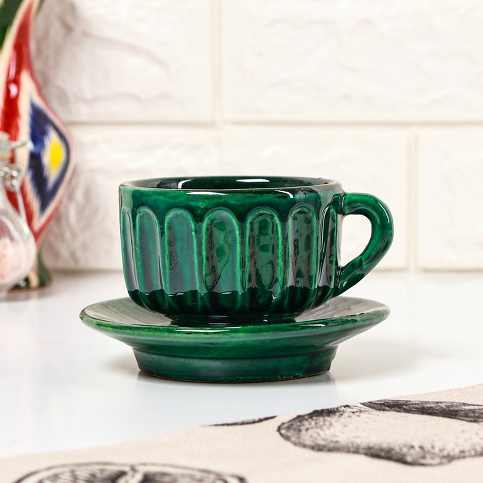 Чайная пара Подарочная Шафран Риштанская Керамика 2 предмета: чашка 200 мл блюдце зелёная