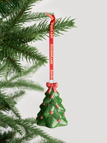 Изображение товара Игрушка елочная, 7 см, керамика, зеленая, Ель с бантом, Figure christmas, Kuchenland