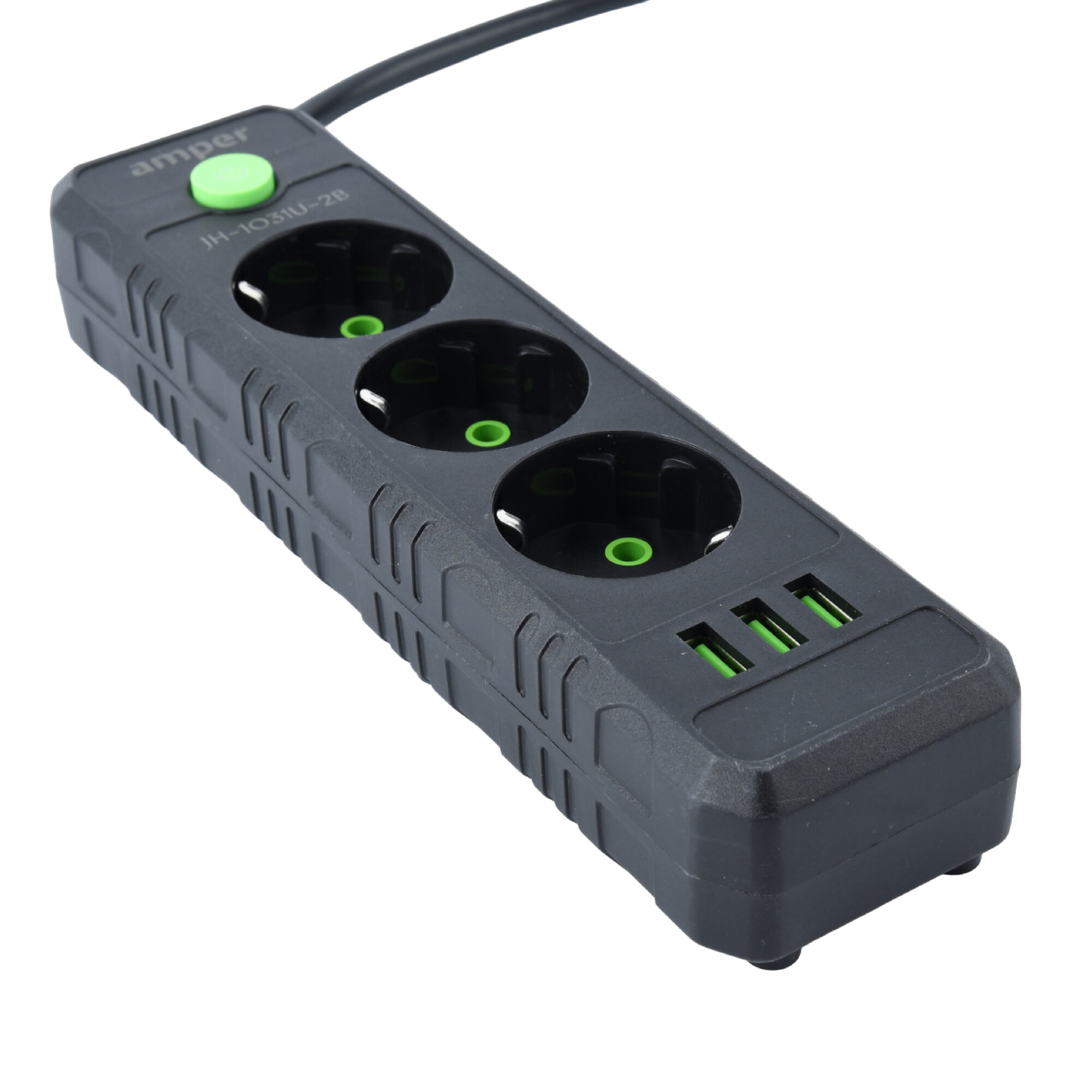 Сетевой удлинитель Amper, 2,0м, 3 розетки, 10А, 2500 Вт, 3usb, черный. — фото 1