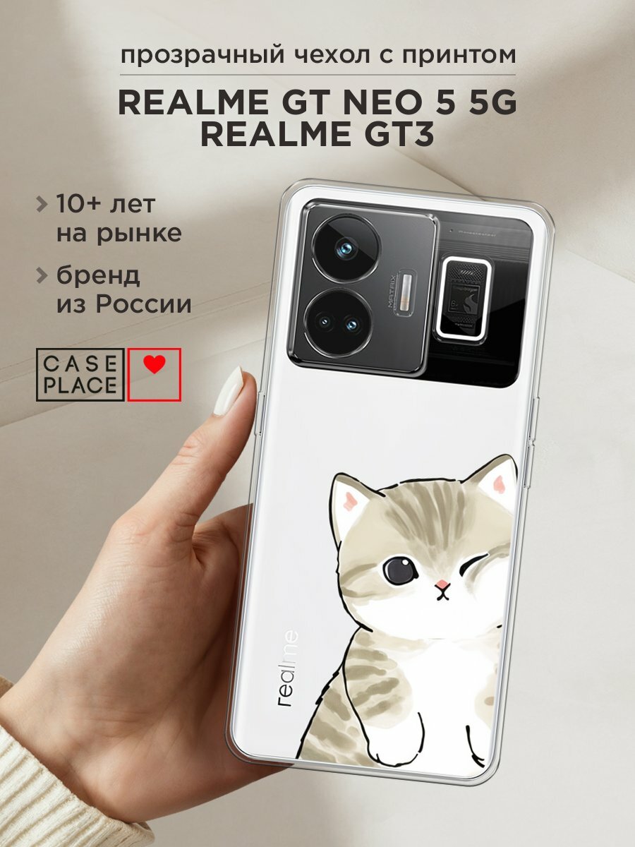 Чехол на Realme GT Neo 5 5G/GT3 / Реалми GT Нео 5 5G/GT3 с принтом "Пухлый котик", прозрачный