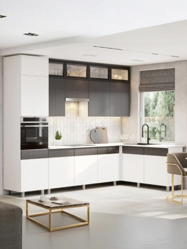 Угловая кухня София МДФ/ЛДСП 30х18м белый бланж/графит со столешницей