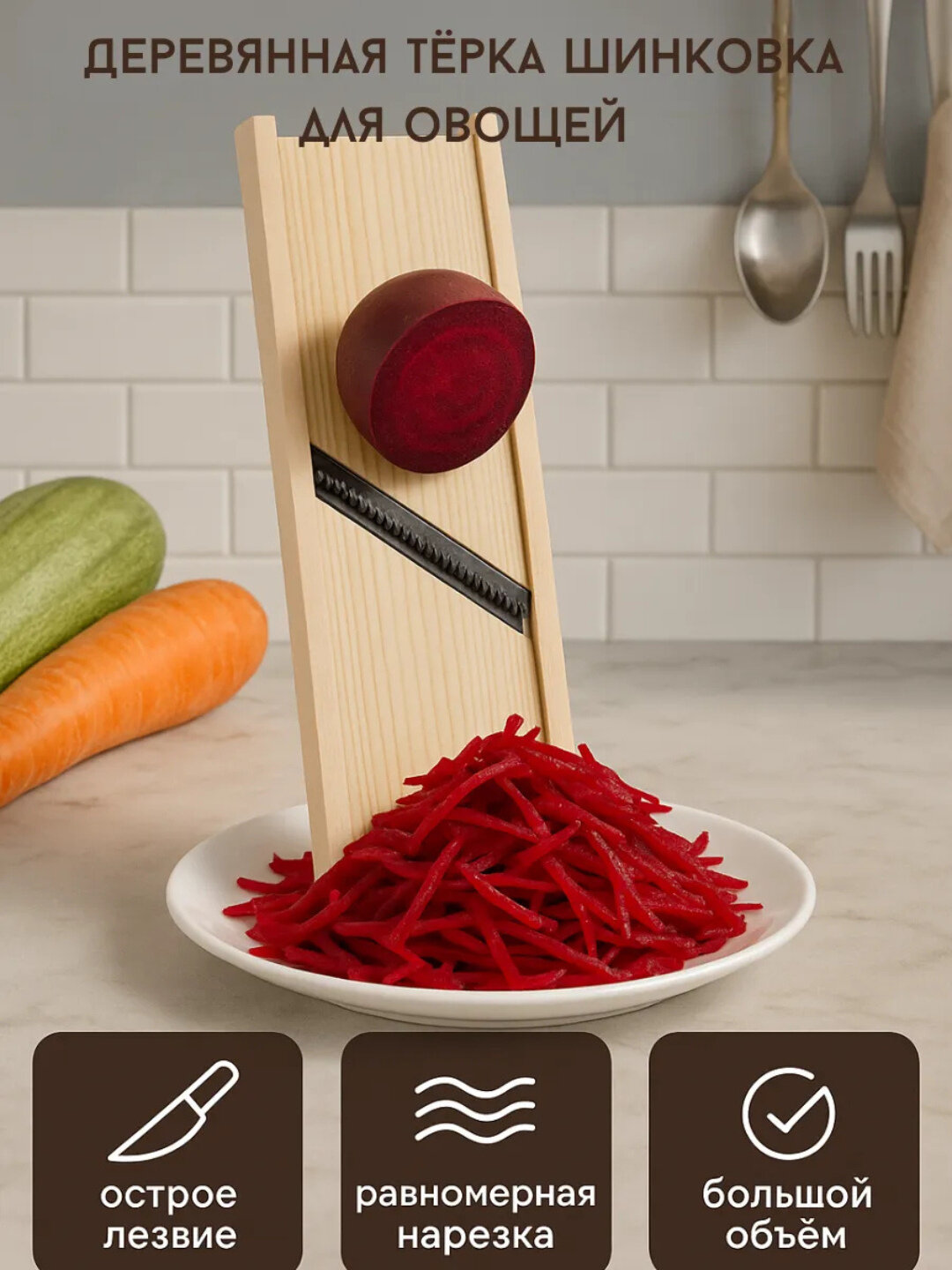 Терка многофункциональная и деревянная, для корейской морковки и овощей (манго)