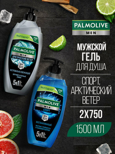 Изображение товара Гели для душа PALMOLIVE мужской 5в1 Арктический ветер + Спорт Восстанавливающий, 2 шт по 750 мл