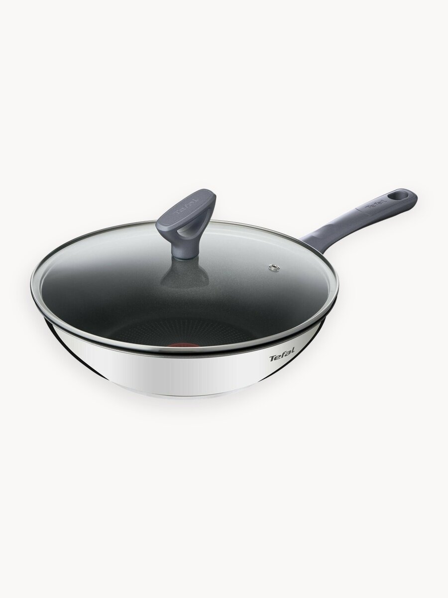 Вок сковорода с крышкой Tefal Daily Cook 28 см, из нержавеющей стали, с антипригарным покрытием, с индикатором температуры, для газовых, электрических и индукционных плит