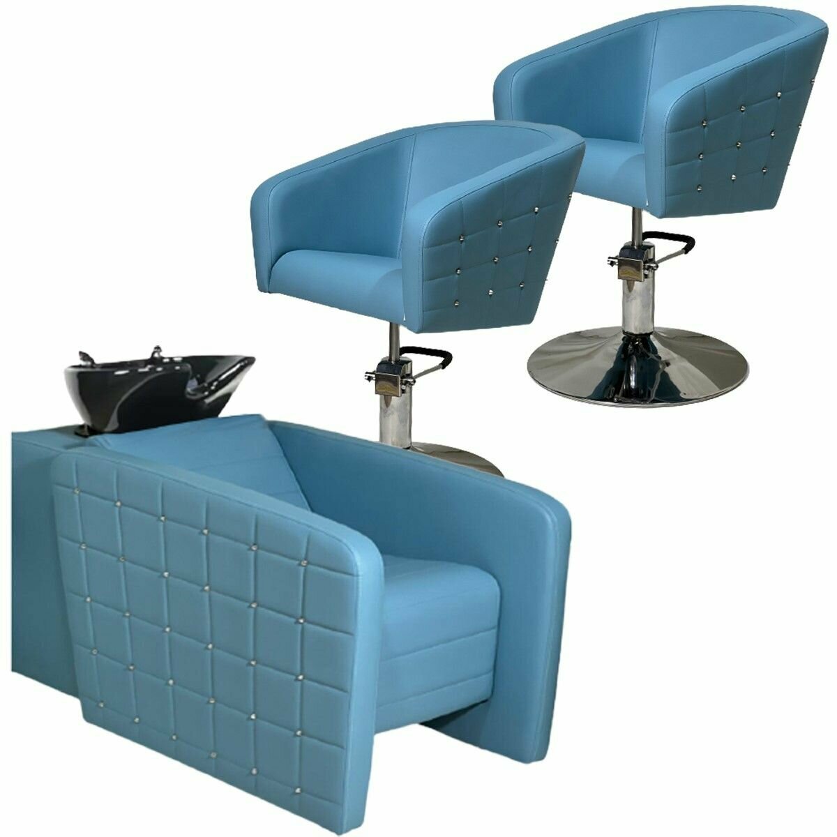 Парикмахерский комплект "Гламрок", Голубой, 2 кресла гидравлика диск, 1 мойка раковина черная глубокая