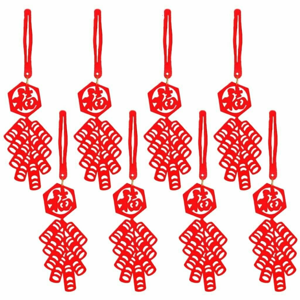 1 комплект из 8 маленьких красных фонариков украшенных на весеннем фестивале маленькими подвесками-хлопушками в горшочках.
