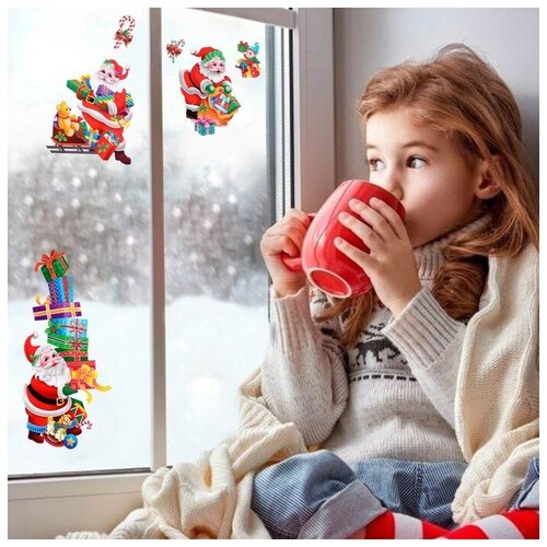 мозаика из пуговиц дед мороз раздаёт подарки Наклейки на окна Новогодние Дед Мороз, подарки, 41 х 29 см