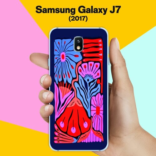 Силиконовый чехол на Samsung Galaxy J7 (2017) Цветы на синем / для Самсунг Галакси Джей 7 2017 силиконовый чехол на samsung galaxy j7 2017 самсунг джей 7 2017 с принтом закат на море