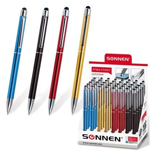 Ручка-стилус SONNEN для смартфонов/планшетов, синяя, корпус ассорти, серебристые детали, линия письма 1 мм, 141587 141587