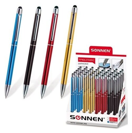 Ручка-стилус SONNEN для смартфонов/планшетов, синяя, корпус ассорти, серебристые детали, линия письма 1 мм, 141587 141587