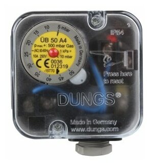 Датчик-реле давления газа с кнопкой сброса и аврийной индикацией DUNGS UB 50 A4 арт.65323034, 1/4", P max=500 mBar, 2,5-50 mBar