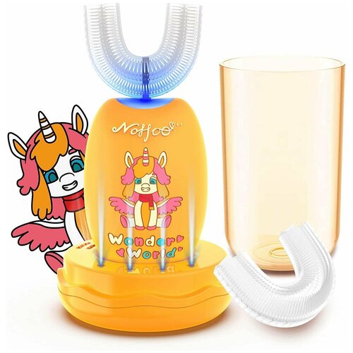 NOHOO Kids U-образная электрическая зубная щетка для всего рта ультразвуковая водонепроницаемость IPX7 3 режима от 2 до 6 лет желтый 1592800₽