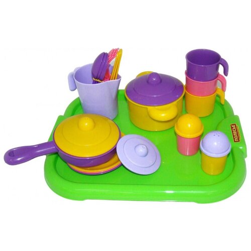 фото Набор детской посуды настенька с подносом на 3 персоны фиолетовый/желтый/зеленый полесье