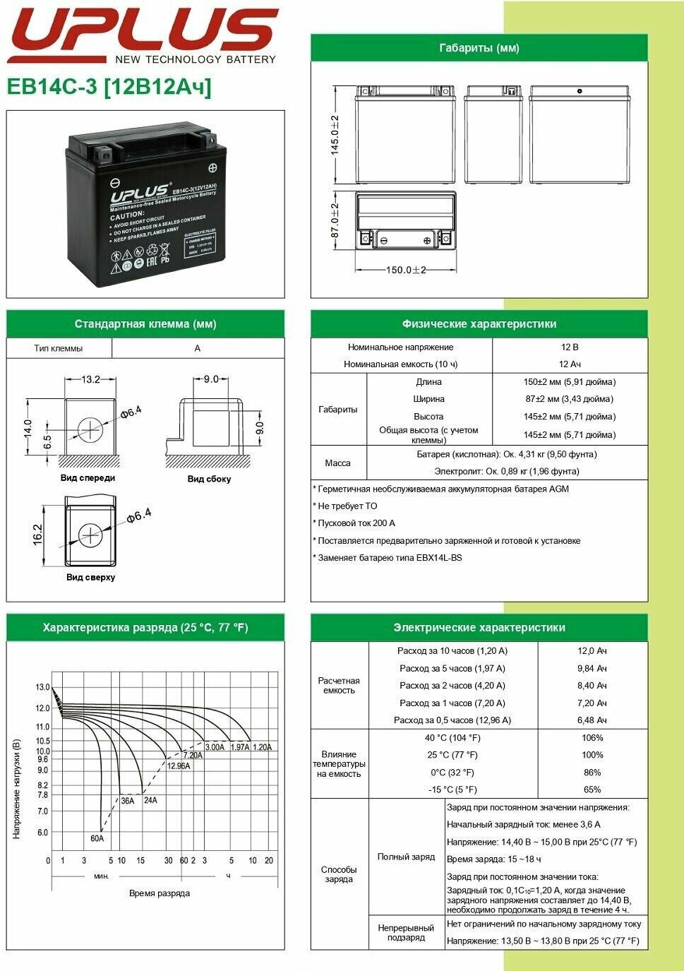 Аккумулятор для мото и гидро техники UPLUS High Perfomance AGM 12 А/ч 200 А обр. пол. залит/заряжен EB14C-3 (150х87х145) YTX14L-BS
