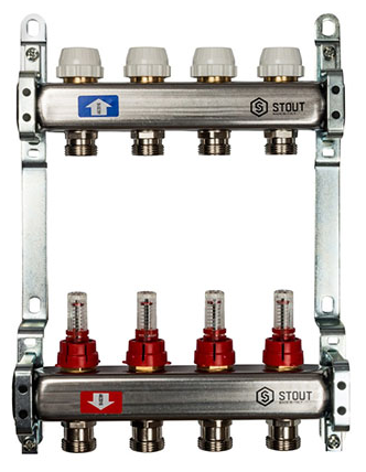 Коллектор из нержавеющей стали с расходомерами Stout 4 выхода