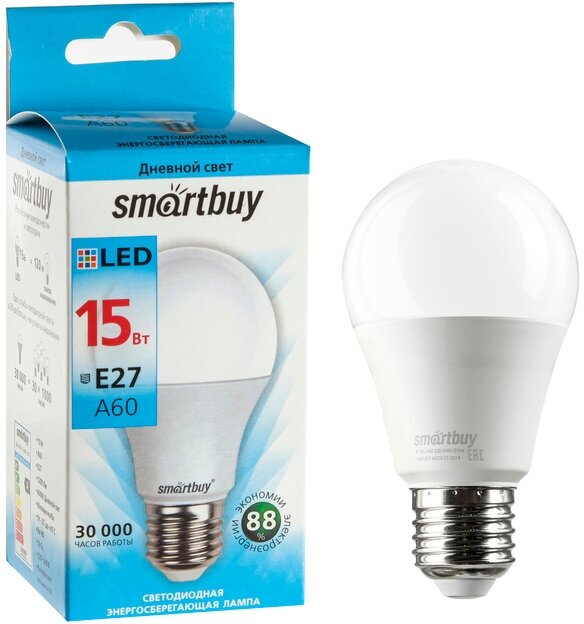 Smartbuy Лампа cветодиодная Smartbuy, E27, A60, 15 Вт, 4000 К, дневной белый свет