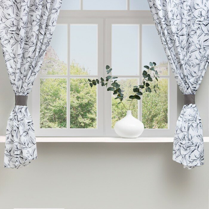 фото Шторы для кухни Доляна Plant leaves 146х180 см - 2 шт, подхваты - 2 шт, 100% хлопок, 164 г/м2