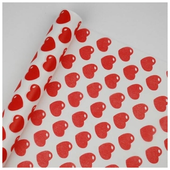 Фетр флористический в рулоне с рисунком Красные сердца, 50см*20м, для упаковки цветов и подарков