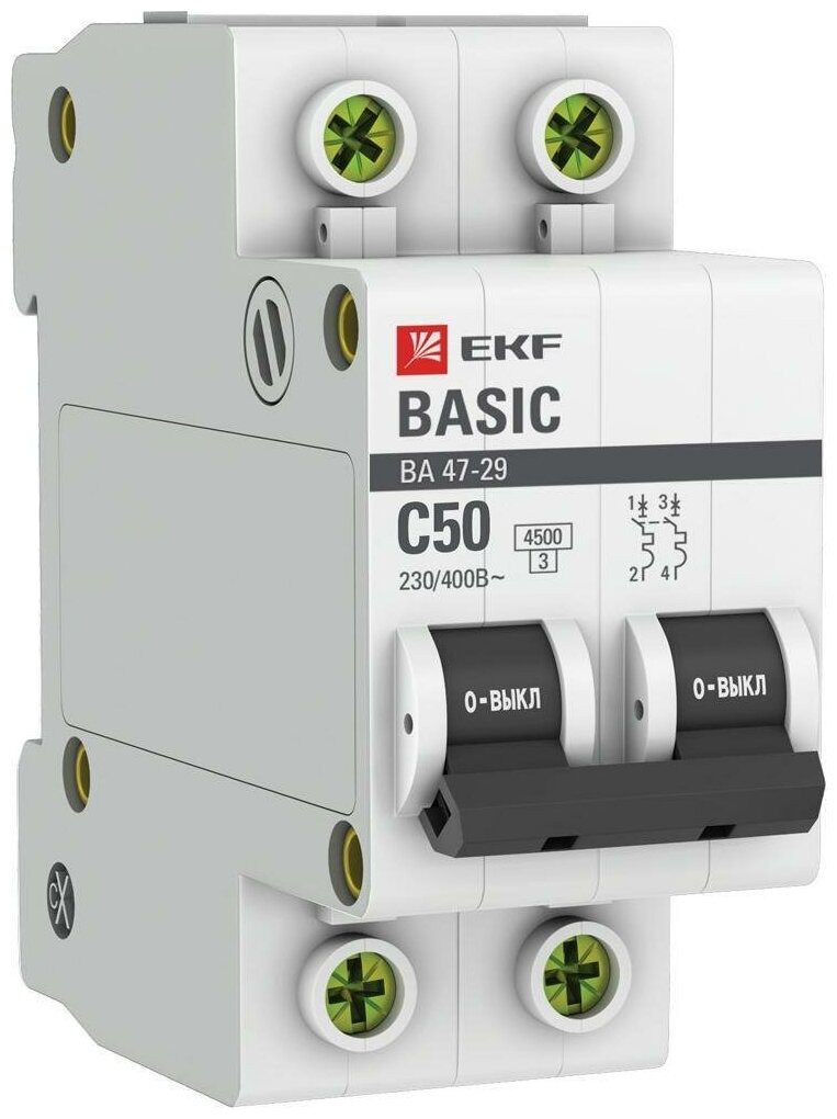 Автоматический выключатель EKF ВА 47-29 Basic 2P 50А характеристика C