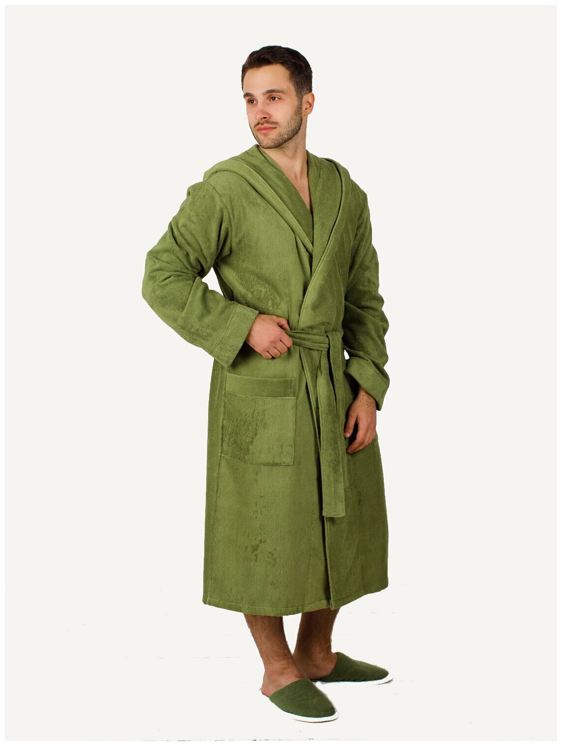 Мужской махровый халат с капюшоном, хаки - фотография № 19