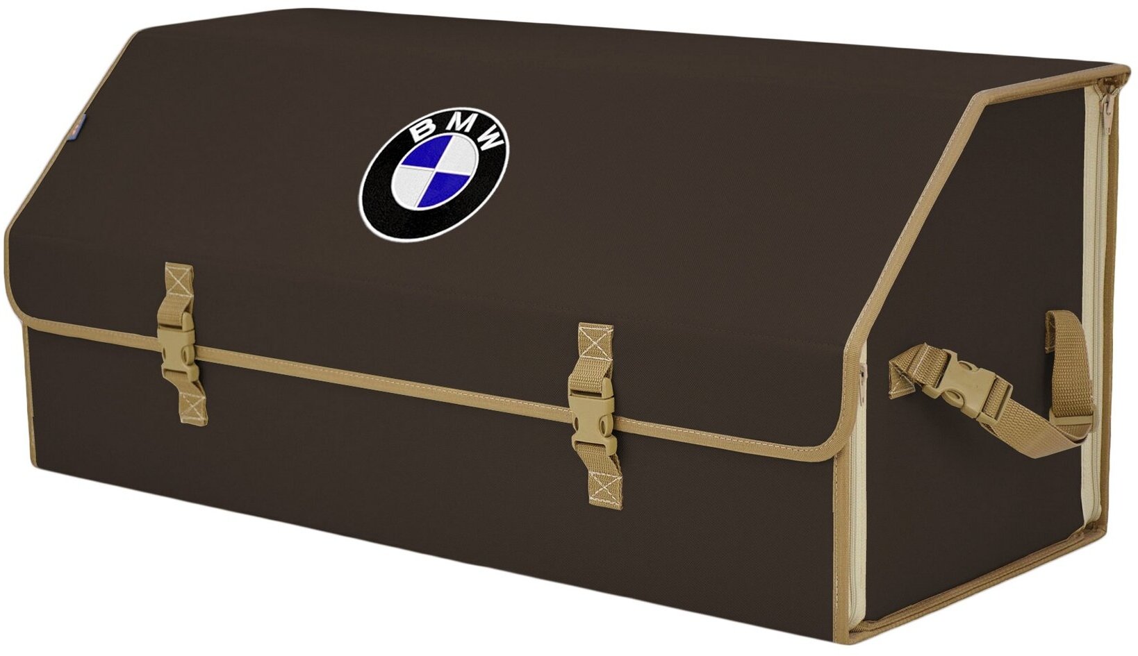 Органайзер-саквояж в багажник "Союз" (размер XXL). Цвет: коричневый с бежевой окантовкой и вышивкой BMW (БМВ).