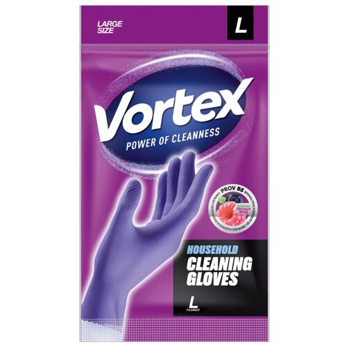фото Vortex перчатки латексные универсальные с провитамином и ароматом лесных ягод для уборки, фиолетовые, 1 пара, l