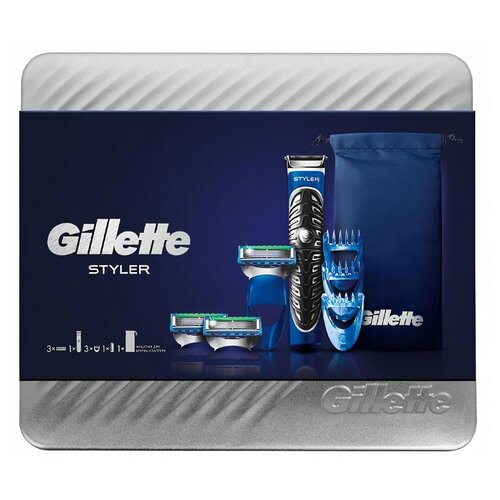 фото Триммер gillette подарочный набор в металлической коробке styler c 3 сменными кассетами, 3 насадками и сумкой-чехлом черный/синий