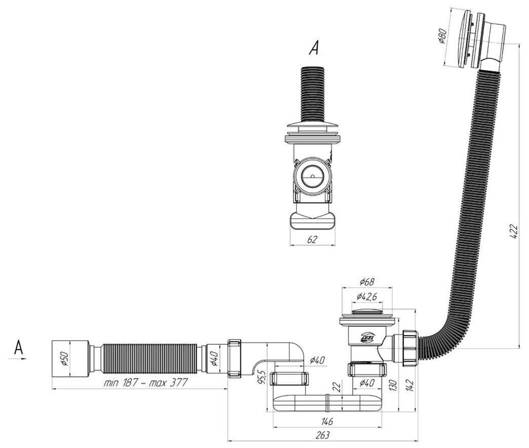 Сифон для ванны АНИ пласт EC055S, 1 1/2"х40, плоский, выпуск клик-клак с сеткой, с гибкой трубой 40х50 мм