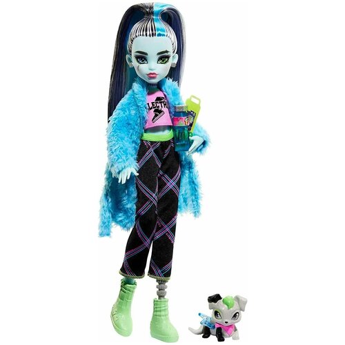 фото Коллекционная кукла monster high frankie stein with pet dog watzie, creepover party