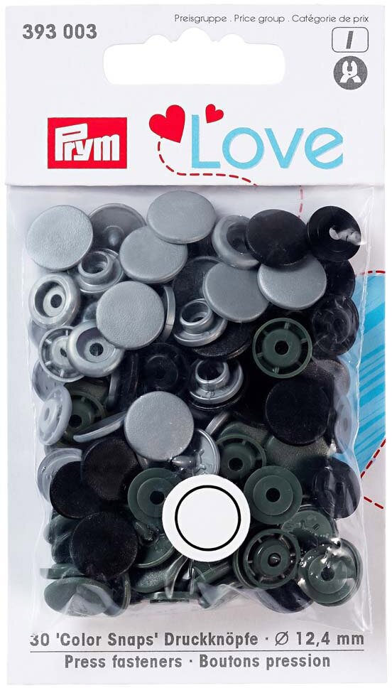 393003 Кнопки Prym Color Snaps, 12,4 мм, 30 шт, Love Prym (серый/черный)