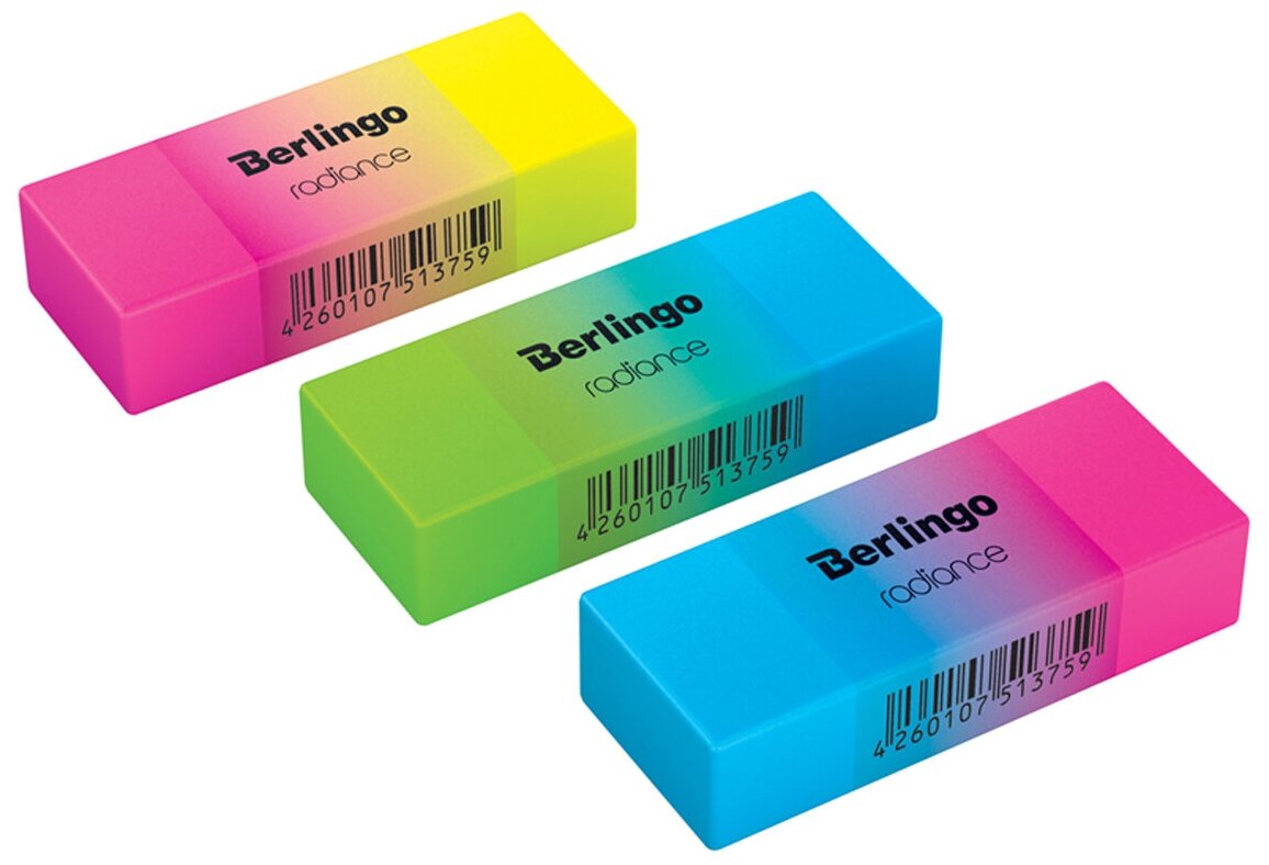 Ластик Berlingo "Radiance ", прямоугольный, цвета ассорти, 50*18*10мм, 30 штук