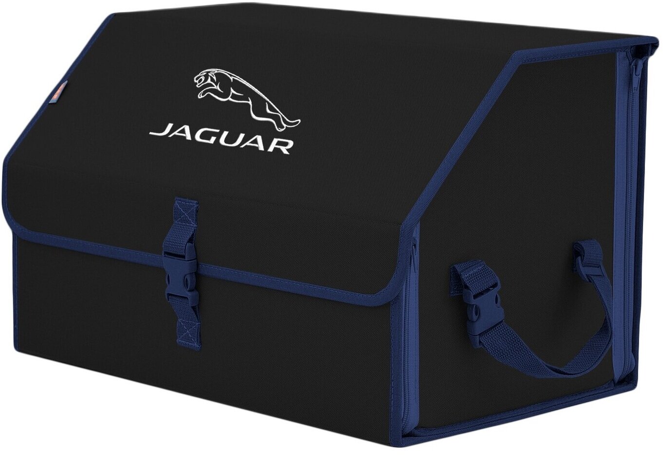 Органайзер-саквояж в багажник "Союз" (размер L). Цвет: черный с синей окантовкой и вышивкой Jaguar (Ягуар).