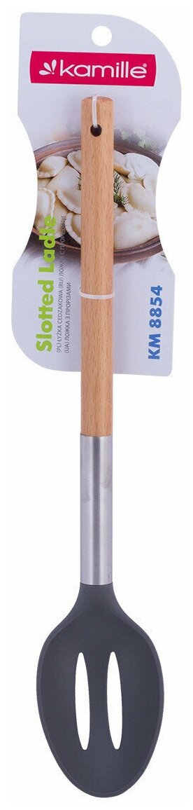 Поварская ложка с отверстиями Kamille KM-8854 (34 см) нейлоновая с деревянной ручкой
