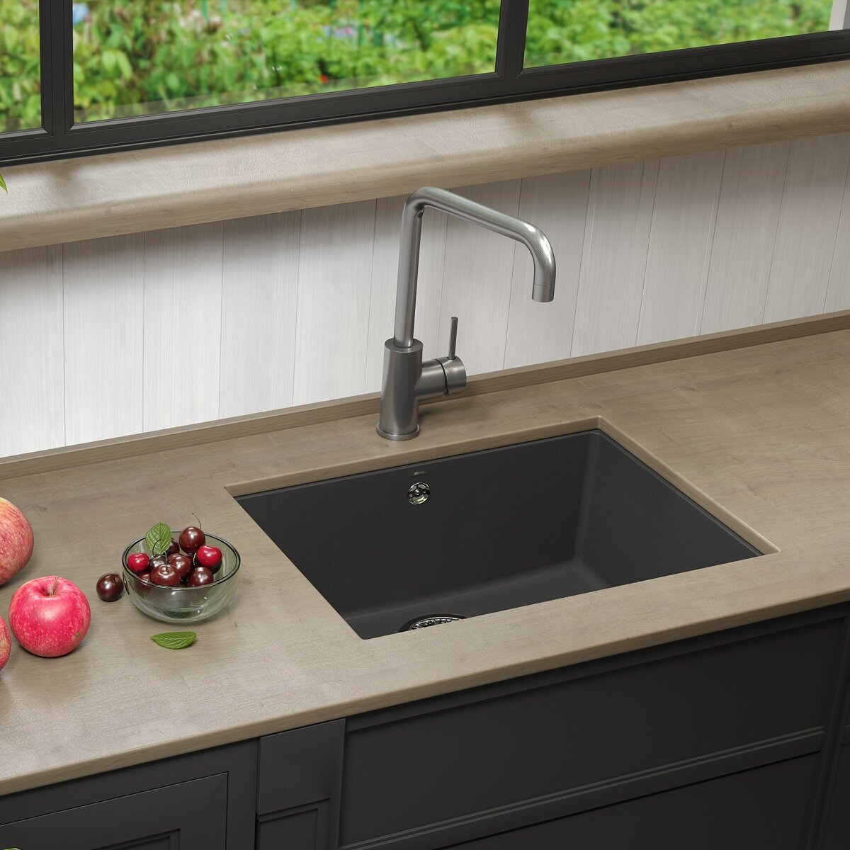 SINARA 540-U Мойка кухонная из кварцгранита цвет: серый шёлк комплектация: крепеж, сливная арматура с переливом в комплекте арт.9910077