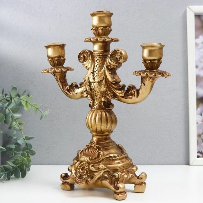Подсвечник полистоун на 3 свечи "Канделябр Версаль" золото 29,5х24,5х13 см - фотография № 3