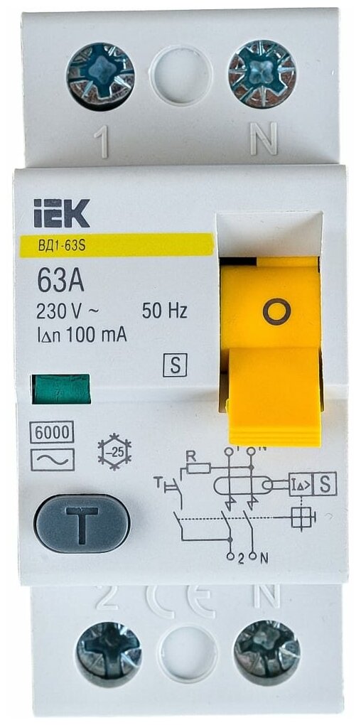 Выключатель дифференциальный (УЗО) ВД1-63S 2п 63А 100мА тип AC | код. MDV12-2-063-100 | IEK ( 1шт. )
