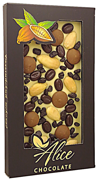 Шоколад Alice Chocolate белый с миндалем и шоколадным декором