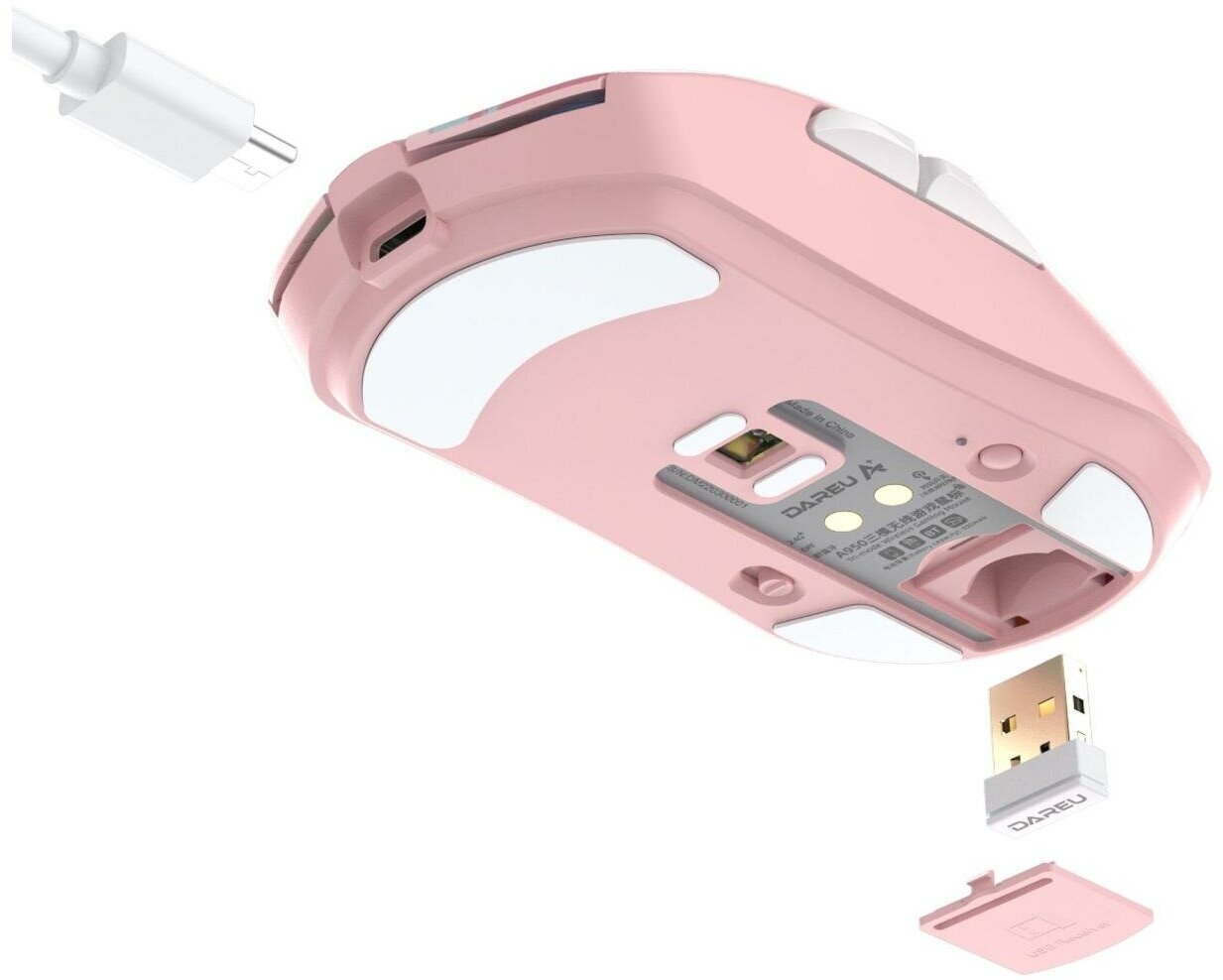 Мышь игровая беспроводная Dareu A950 Pink (розовый), DPI 400/800/1600/3200/6400/12000, подключение Tri-mode: проводное+2.4GHz+BT, встроенный аккумулятор 930mAh, зарядная станция, подсветка RGB, размер - фото №2