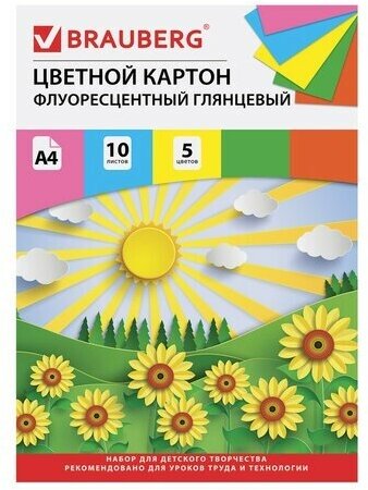 Картон цветной А4 мелованный (глянцевый), флуоресцентный, 10 листов 5 цветов, в папке, BRAUBERG, 200х290 мм, "Лето", 129918