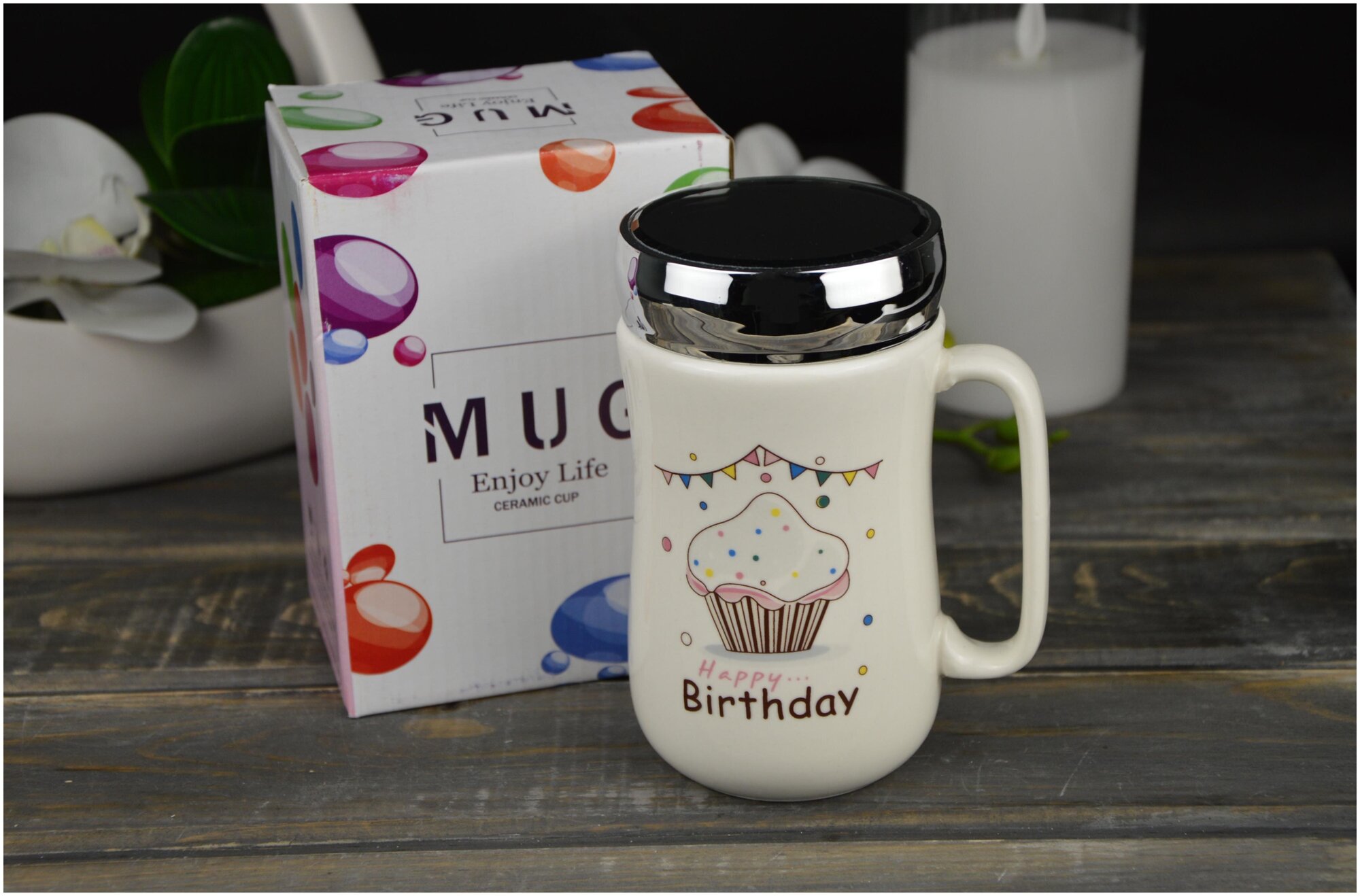 фото Кружка керамическая 400мл с зеркальной крышкой