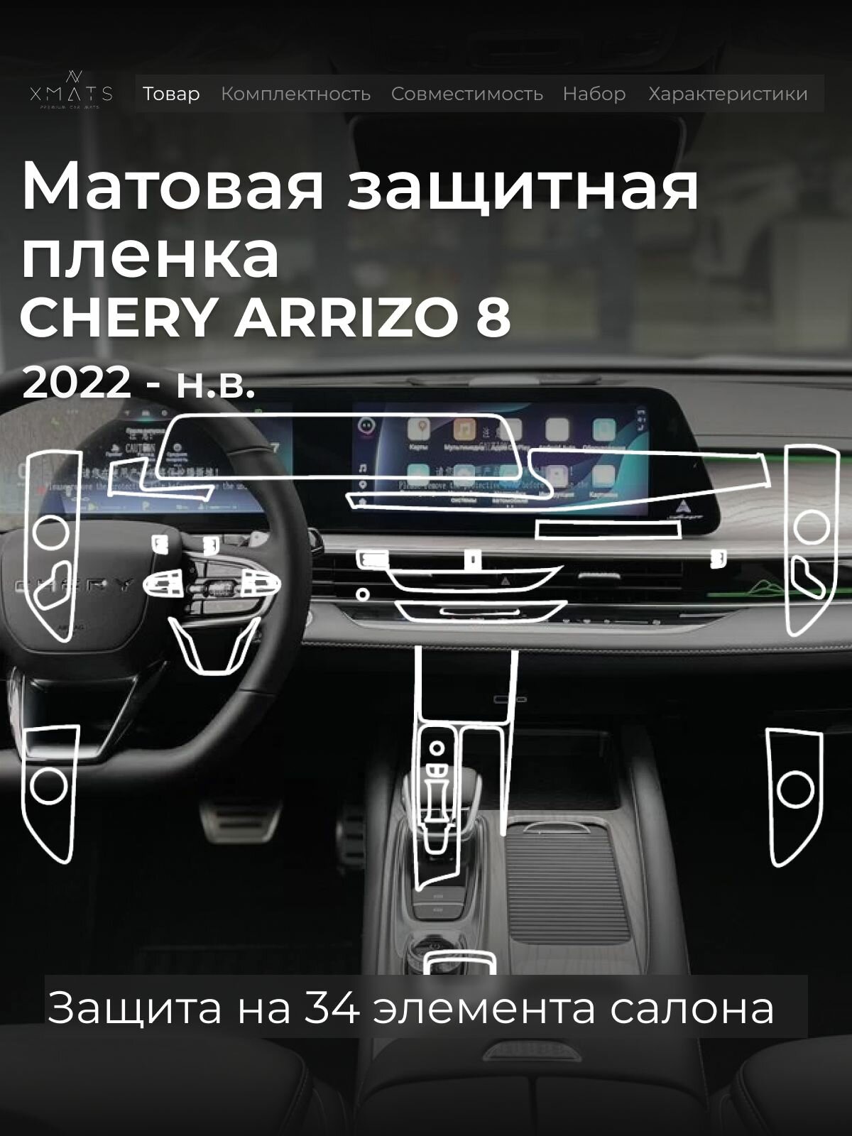 Защитная матовая пленка в салон на Chery Arrizo 8 с цельным монитором, с электрической регулировкой сидений