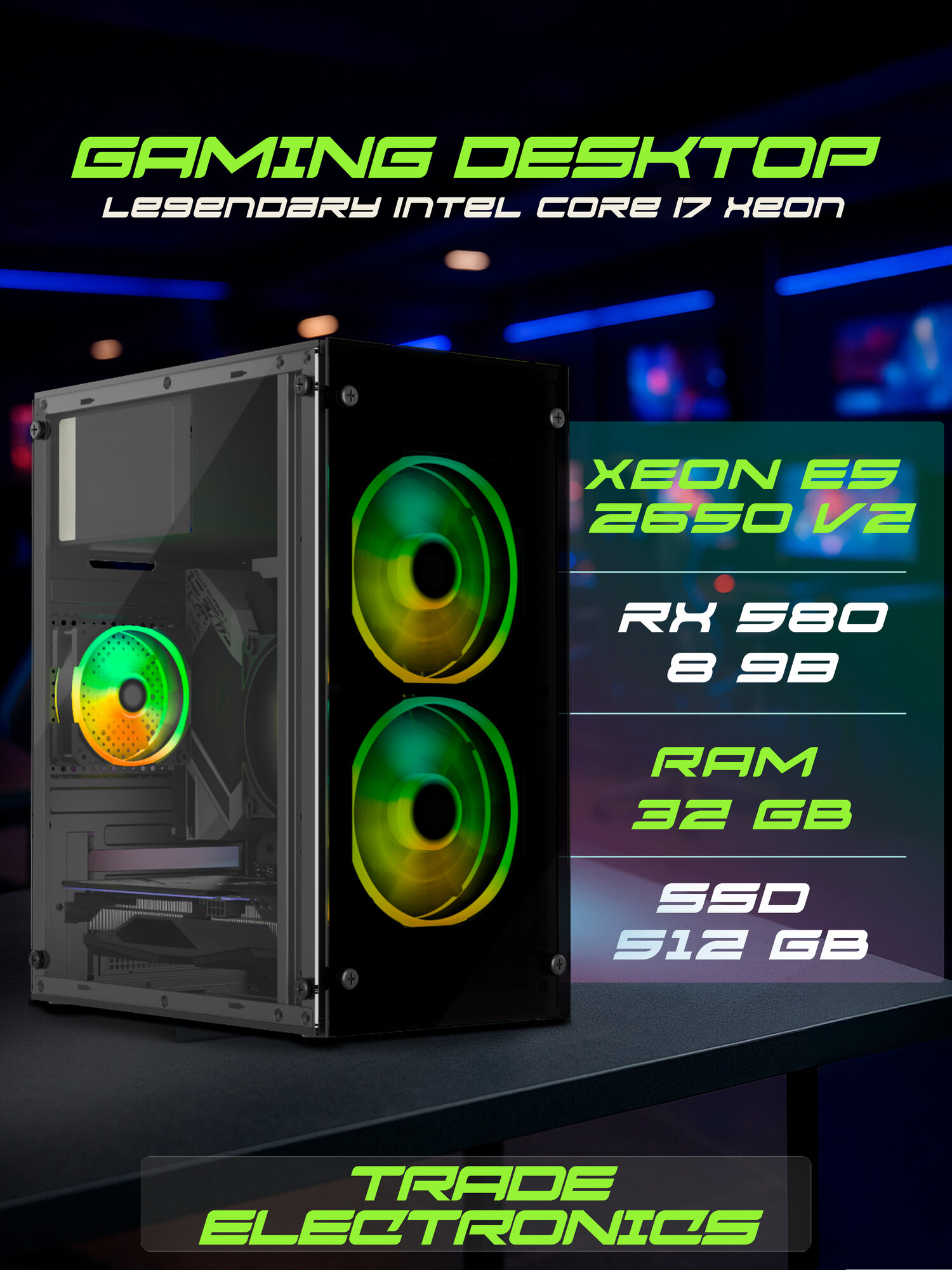 Игровой ПК (Intel Core i7-7700, RAM 32 ГБ, SSD 512 ГБ, AMD Radeon RX 580 (8 Гб), Windows 10 Pro), Системный блок, черный