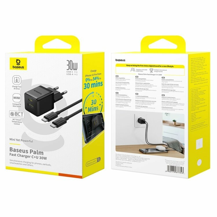Адаптер для быстрой зарядки Baseus Palm 30 Вт EU (USB-C + USB-A) + кабель Type-C для Европы — фото 1