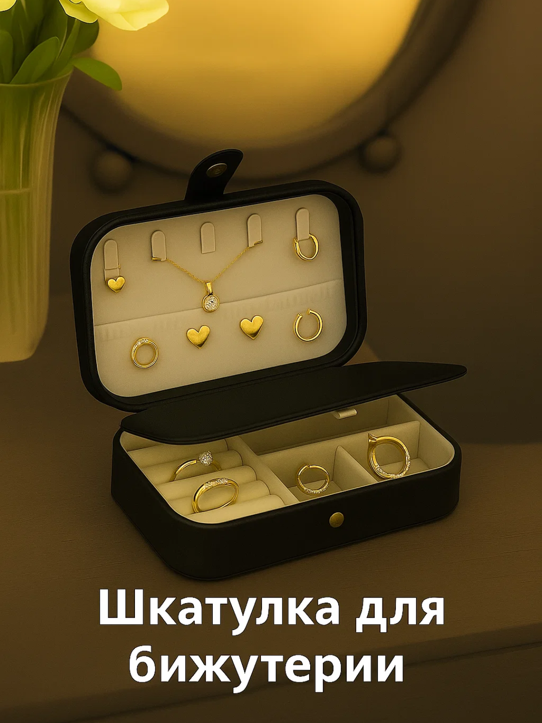 Шкатулка для украшений для современных женщин. Благодаря компактному размеру и современному дизайну, эта шкатулка идеально подходит для хранения колец, серёг, ожерелий и цепочек. Внутренние отделения предназначены для украшений.