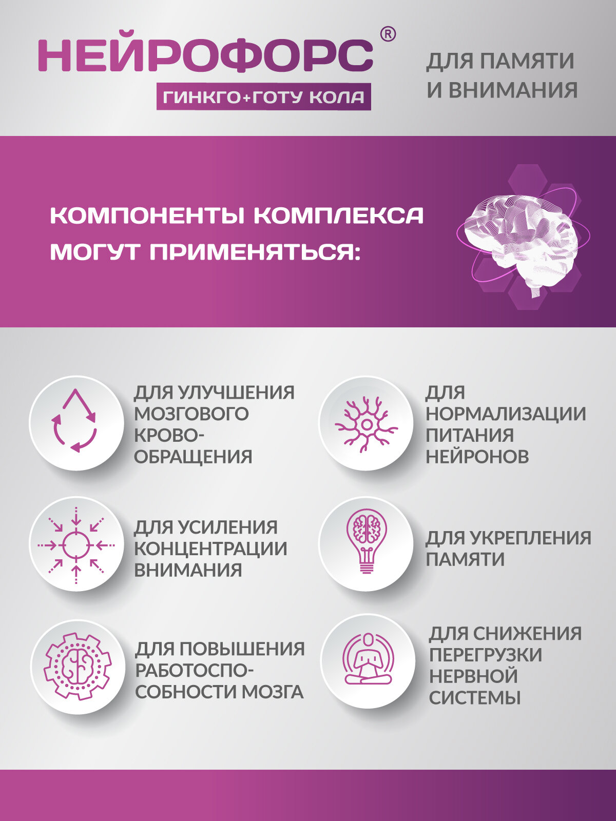 Изображение PLANTCOMPLEX нейрофорс Гинкго билоба + Готу кола + ацетил-L-карнитин + глицин. Для улучшения работы мозга, памяти, концентрации внимания. Ноотроп. 30 капс. ВТФ.